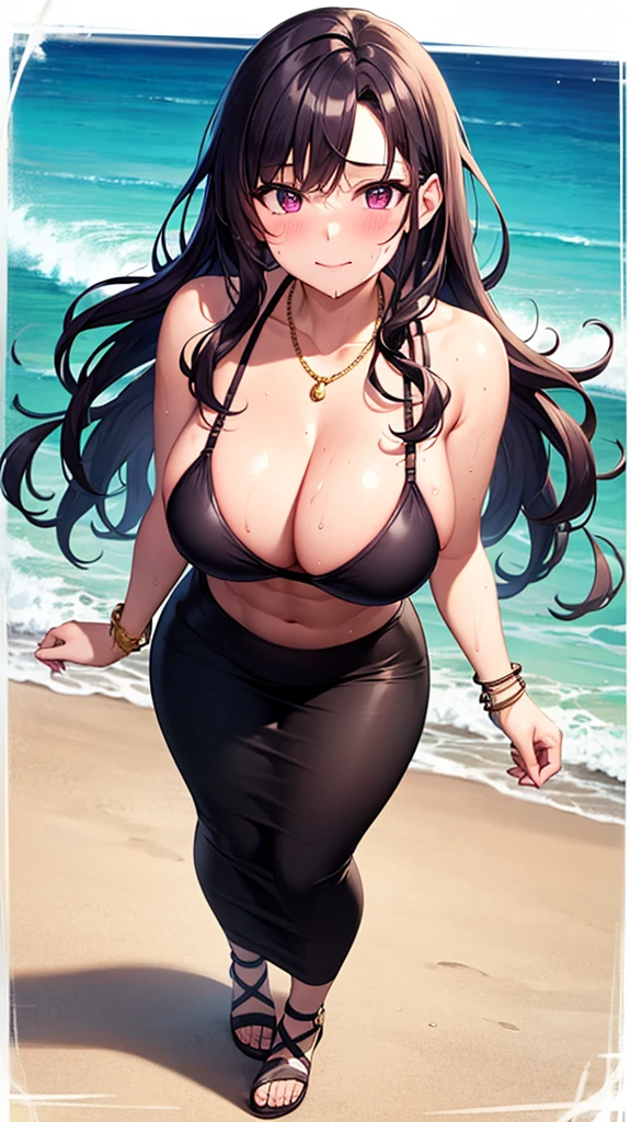 masterpiece, best quality, 1girl, beautiful business woman with wavy hair, dark plum hair, large breasts, wide hips, slim body, athletic body, muscle, abs, pink bra, black maxi pencil skirt, sandals, cleavage, midriff, waist, hip bones, beach, ocean waves, looking at viewer, full body, messy hair, sweatdrop, very sweaty, full-face blush, light smile, awkward, necklace, gold bracelet, wide-eyed, wet, 