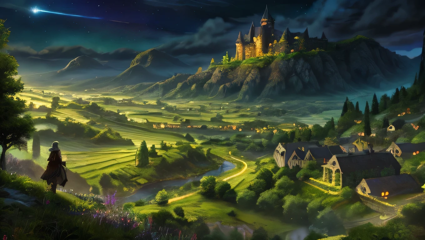 Detailed fantasy RPG landscapes, Lush pastures, Gentle hills, Dense forest, Distant Castle, Intricate details, Incredible 4K resolution, Surreal, Very detailed, masterpiece、night