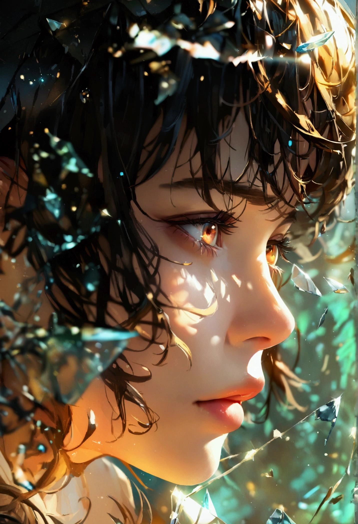 eye of the apocalypse, broken glass shard, brown eyebrows, close up, detailed lighting, UHD, edge lighting, Masterpiece, highest quality, realistic