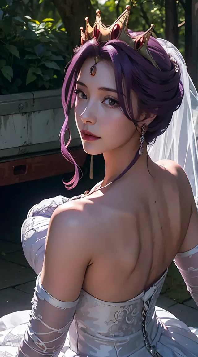 Mirellia_Q_Melromarc, perfect_breasts, purple_hair, purple_eyes, jewelry, earrings, gloves, dress, cleavage, bare shoulders, collarbone, elbow gloves, white gloves, white and purple dress, strapless, tiara, veil, strapless dress, wedding dress, long bridal veil, beautiful woman, perfect body, big breasts and ass, wearing a wedding dress, ball gown, being in a garden of trees, wedding decorations, looking at the viewer, a slight smile, realism, masterpiece, textured leather, super detail, high detail, quality high, best quality, 1080p, 16k