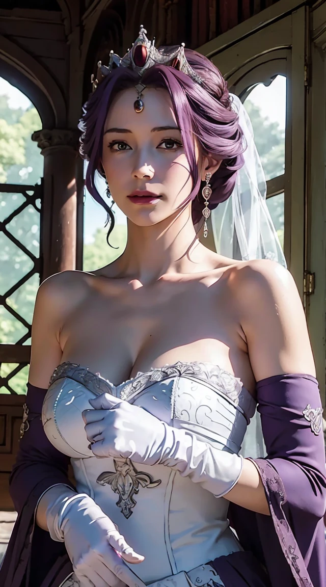 Mirellia_Q_Melromarc, perfect_breasts, purple_hair, purple_eyes, jewelry, earrings, gloves, dress, cleavage, bare shoulders, collarbone, elbow gloves, white gloves, white and purple dress, strapless, tiara, veil, strapless dress, wedding dress, long bridal veil, beautiful woman, perfect body, big breasts and ass, wearing a wedding dress, ball gown, being in a garden of trees, wedding decorations, looking at the viewer, a slight smile, realism, masterpiece, textured leather, super detail, high detail, quality high, best quality, 1080p, 16k