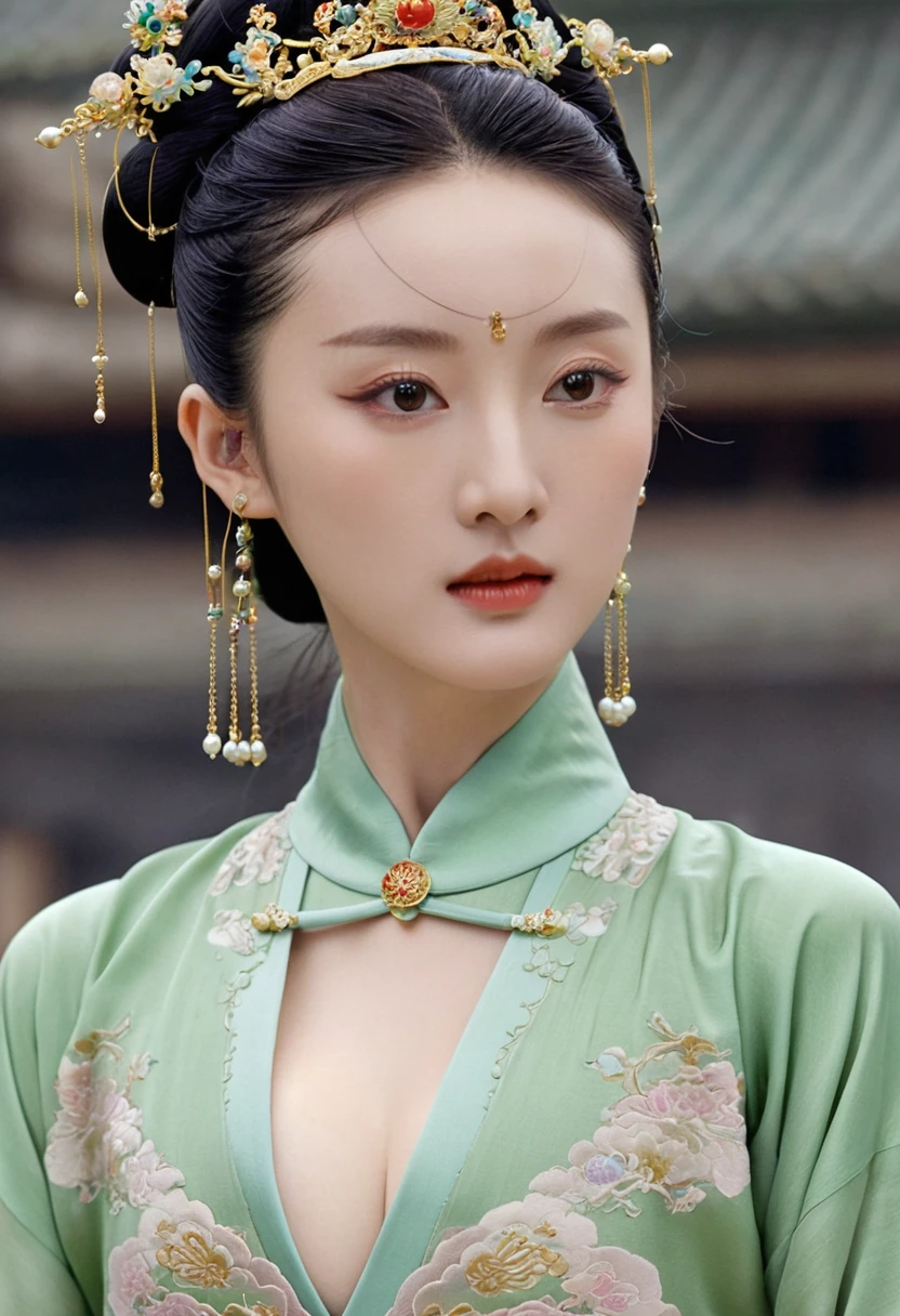 Chinese actress Ruyi Den's Jyou Xun (Zhou Xun) similar face seen from the front of Qing Dynasty standing full-bodied empress
Her big breasts
Looking at her hairy pussy and lower abdomen　
Nude without underwear
Qing Dynasty Chinese palace outside stone tatami mats with large crown of Empress of China hairstyle