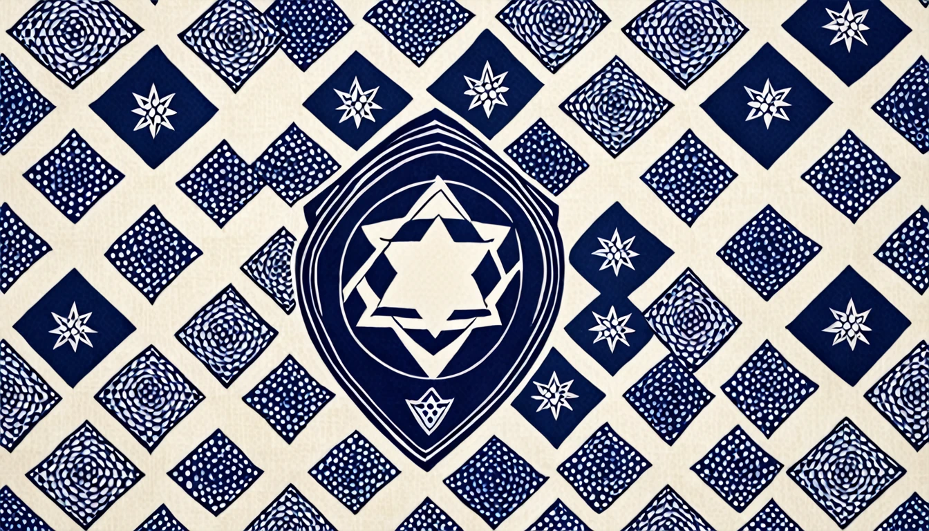 Navy blue kasuri kimono pattern,Checkerboard pattern,The Shield of David in the center