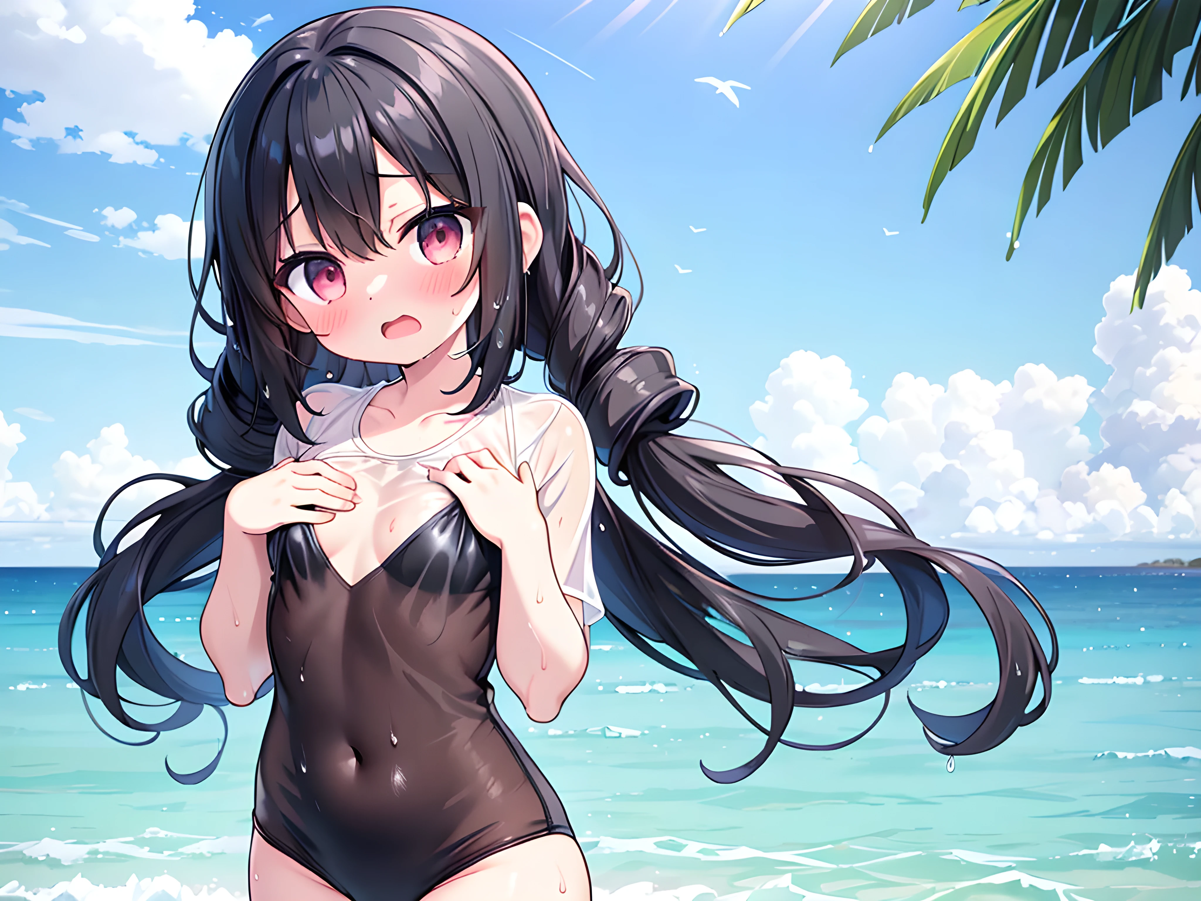 score 9, score 8 up, score 7 up,source_anime, 1girl,,cute,(:1.2), black hair, drill hair,(flat chest:1.3), (white:1.2) school swimsuit,beach,,looking at viewer, open mouth, (panic:1.2),blush,surprised, sole (wet:1.4), (see through:1.4),(covered chest with your hands:1.4),
