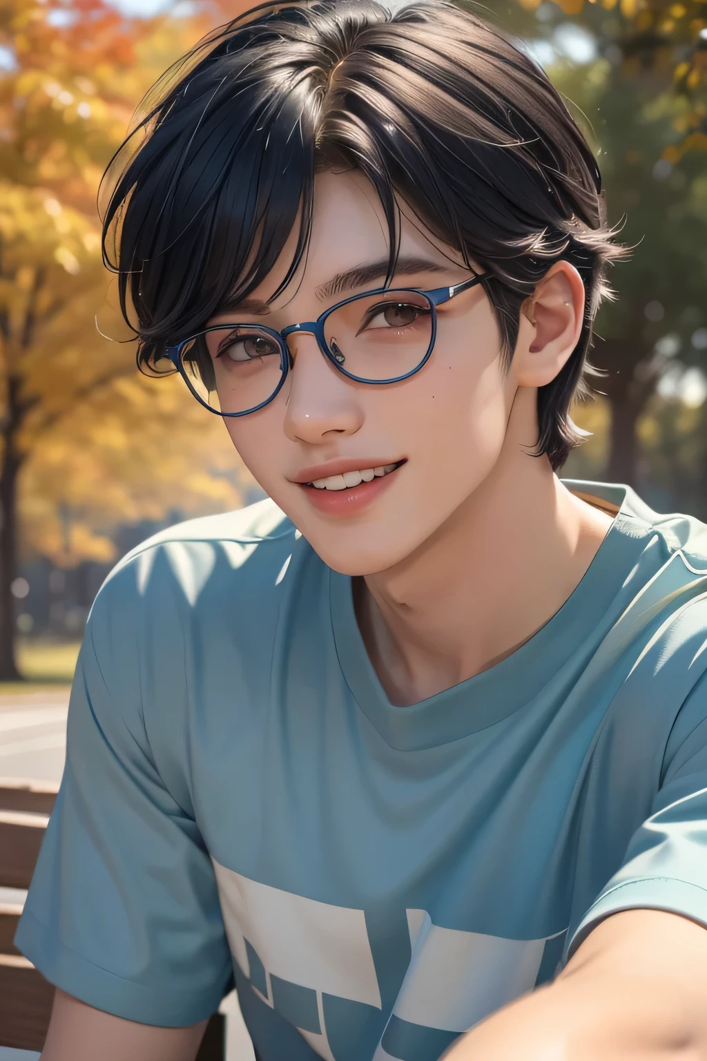 ((best quality)), ((masterpiece)), (detailed), one boy, 1boy, dark blue hair, brown eyes, short hair, cute, boy, bright background, bright shirt, sporty, close up, cool, clean face, cool boy, autumn, man, boy, autumn boy, sporty boy, pastel clothes, glasses, smile