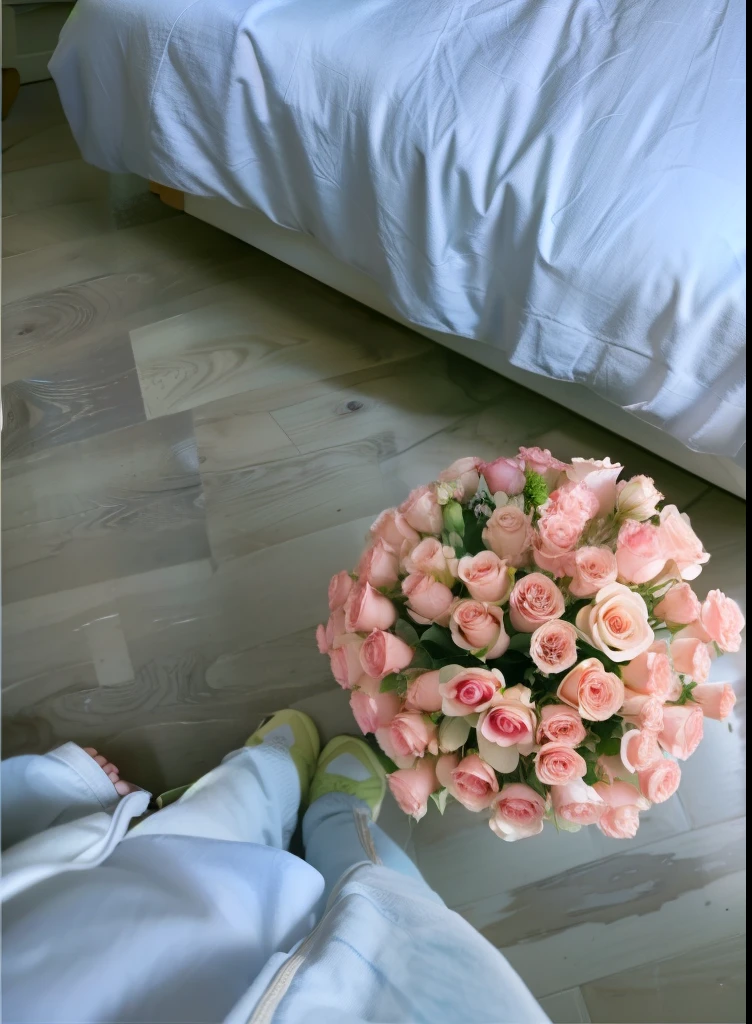 Bouquet of roses on the floor, photo from above, photo of flowers on the floor,Realism, clear photo, bouquet on the floor