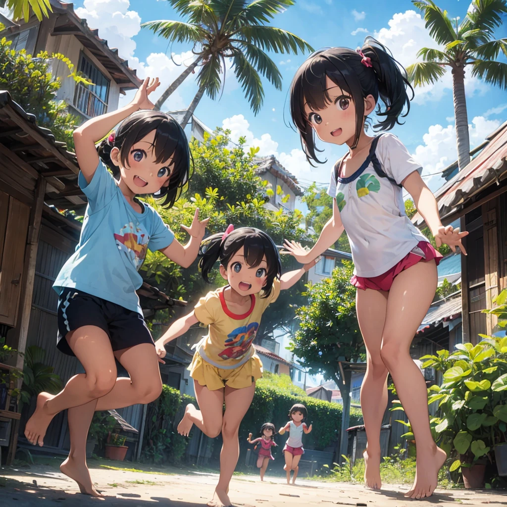 tropical village, children playing, happy children, vibrant colors, lush foliage, palm trees, wooden houses, warm sunlight, playful expressions, barefoot, colorful clothing, natural setting, carefree atmosphere, detailed faces, active poses, dynamic composition, high quality, intricate details, photorealistic, 8k, masterpiece
