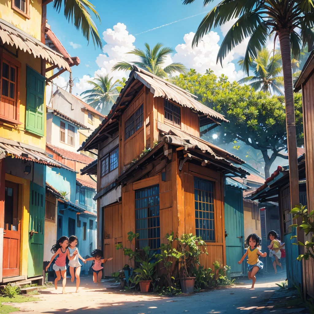 tropical village, children playing, happy children, vibrant colors, lush foliage, palm trees, wooden houses, warm sunlight, playful expressions, barefoot, colorful clothing, natural setting, carefree atmosphere, detailed faces, active poses, dynamic composition, high quality, intricate details, photorealistic, 8k, masterpiece