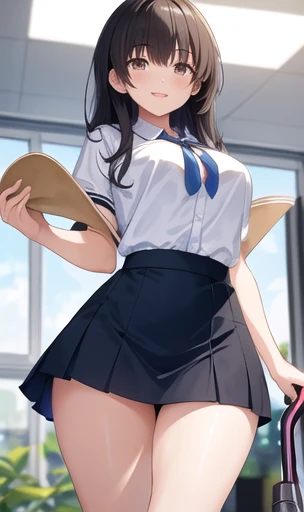((masterpiece, Highest)),(One girl),((Mature Woman)), Black Hair, dizzy, trumpet, ((high school girl)), bangs, Center of chest, (full), slim, smile, [Wide Hips] ,office,Are standing, got it \(Blue Archive\),mini skirt，vacuum，Approaching，Nipples，lips