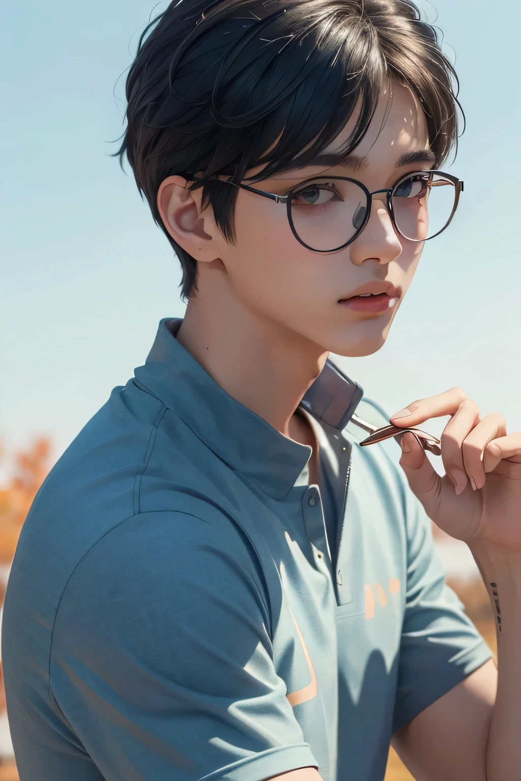 ((best quality)), ((masterpiece)), (detailed), one boy, 1boy, dark blue hair, brown eyes, short hair, cute, boy, bright background, bright shirt, sporty, close up, cool, clean face, cool boy, autumn, man, boy, autumn boy, sporty boy, pastel clothes, round glasses
