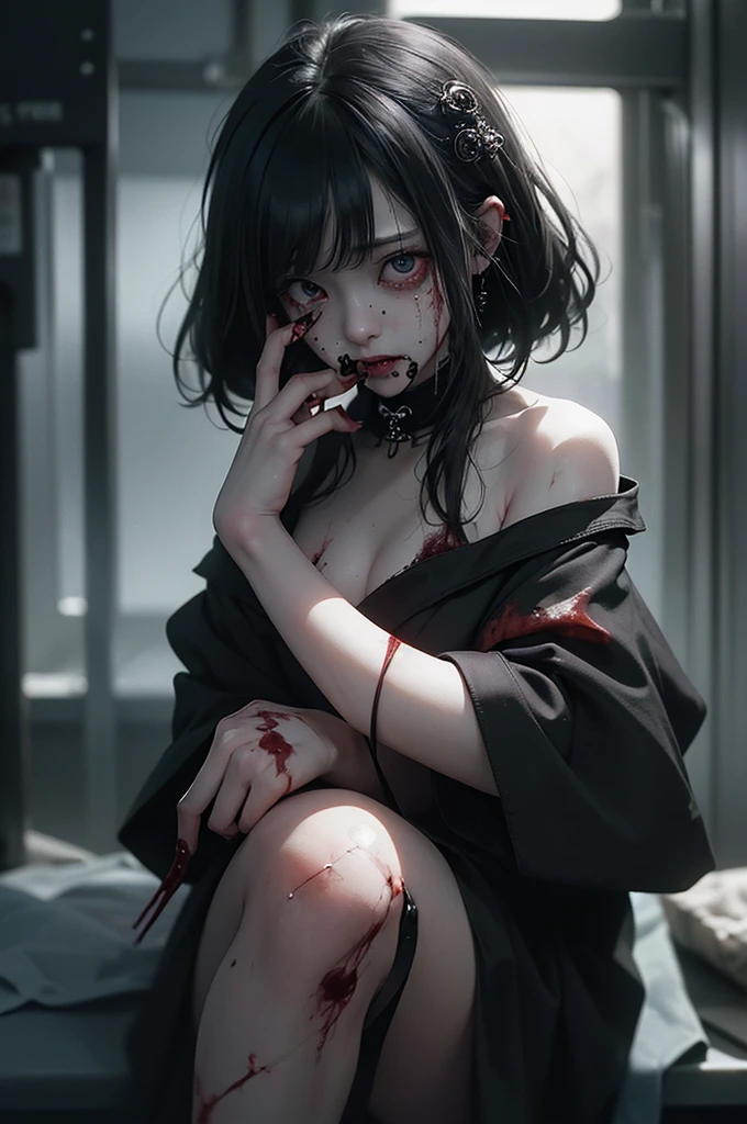 Highest quality, masterpiece, look up, cute,(Horror),(((Beautiful zombie girl))),Dead,Trying to bite,(((Bleeding,Injured))),(((Shedding tears of blood))),((口からBleeding)),((Covered in blood)),((Bitten all over the body)),((Sexy)),(sexy),((Small breasts)),Baby Face,(Middle school students),Black Hair,((Masturbation)),(((Blowjob))),(((Sex,sexual behavior))),Beautiful Style,(Lower body exposed),((Pale skin)),Sensual look,Embarrassed,Sexy表情,Expressions of delight,(Dark atmosphere),(Dark atmosphere,fear),((Dim lighting))