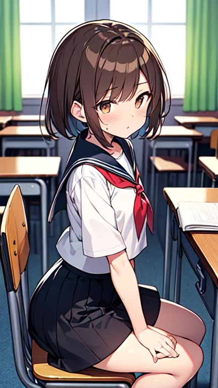 Let's think step by step,Highest quality, masterpiece, Ultra-high resolution, 8k,Show anime style ,Soft Line Art, Digital Enhancement, shojo anime touch, shojo manga core, Flowing fabric, close, Soft Drawing, Ultra-Definition Digital Anime Art, Clear facial depiction, Super detailed girl cartoon character art, Ultra-detailed manga style, Highest qualityの色,
(((1People Women))),(A woman with short brown hair),Beautiful brown hair, (((Clear brown eyes))), Slightly chubby,Small breasts,The butt is small,Sailor suit,
(((is sitting in a chair and studying at a desk))),from side,looking away,Serious look,classroom,White curtains,Timetable on the wall。The day's duty is written on the blackboard,