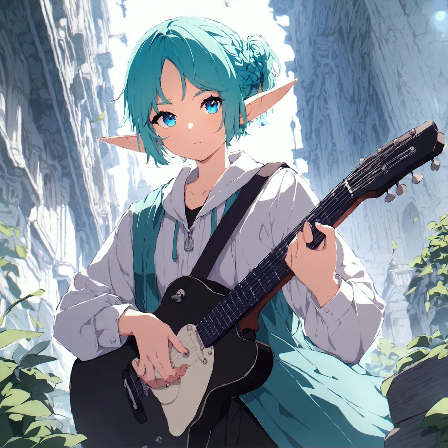 An elf with blue eyes, White and turquoise hair. Traveler's clothing. He is holding a black electric guitar in his hands..