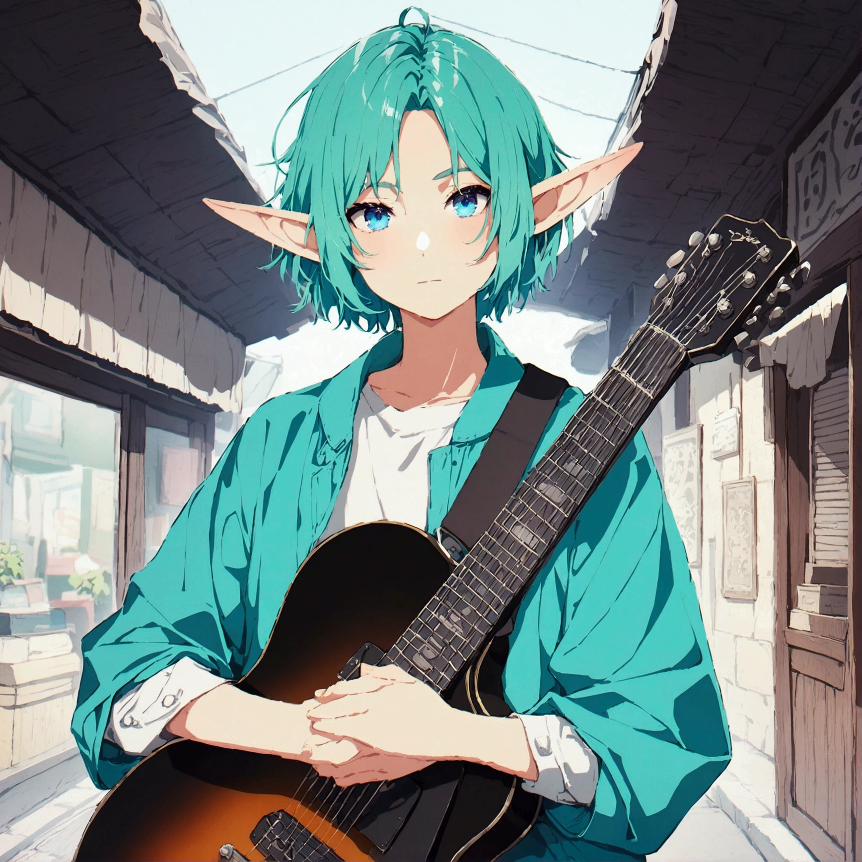An elf with blue eyes, White and turquoise hair. Traveler's clothing. He is holding a black electric guitar in his hands..