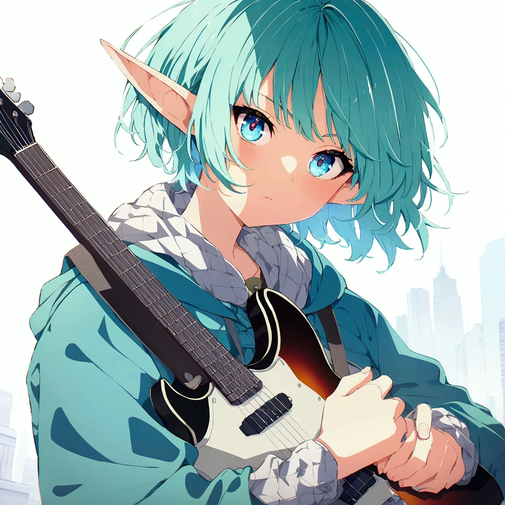 An elf with blue eyes, White and turquoise hair. Traveler's clothing. He is holding a black electric guitar in his hands..