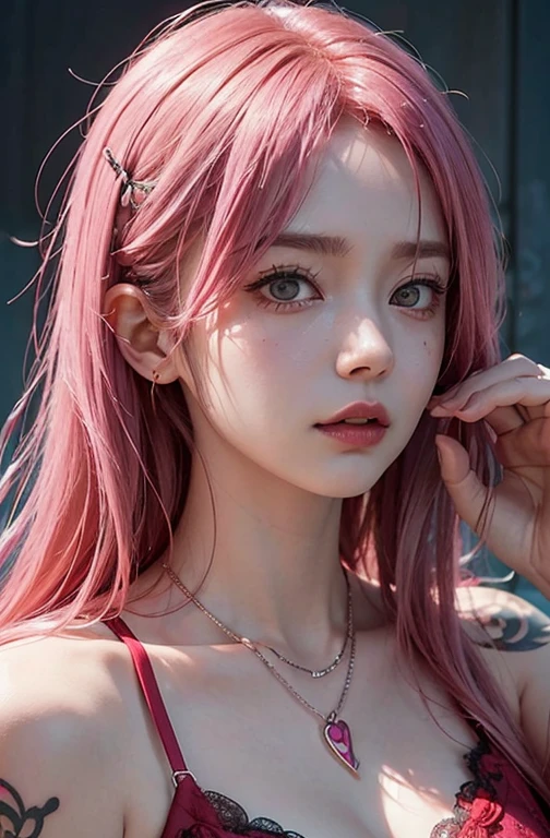Cool women、sexy、Center of chest、Rize from Chainsaw Man、beauty、Yandere、、Face close-up、Chest tattoo、Red Lace Dress、necklace、(look up)、(Pink Hair)、).((The image of the face remains the same))