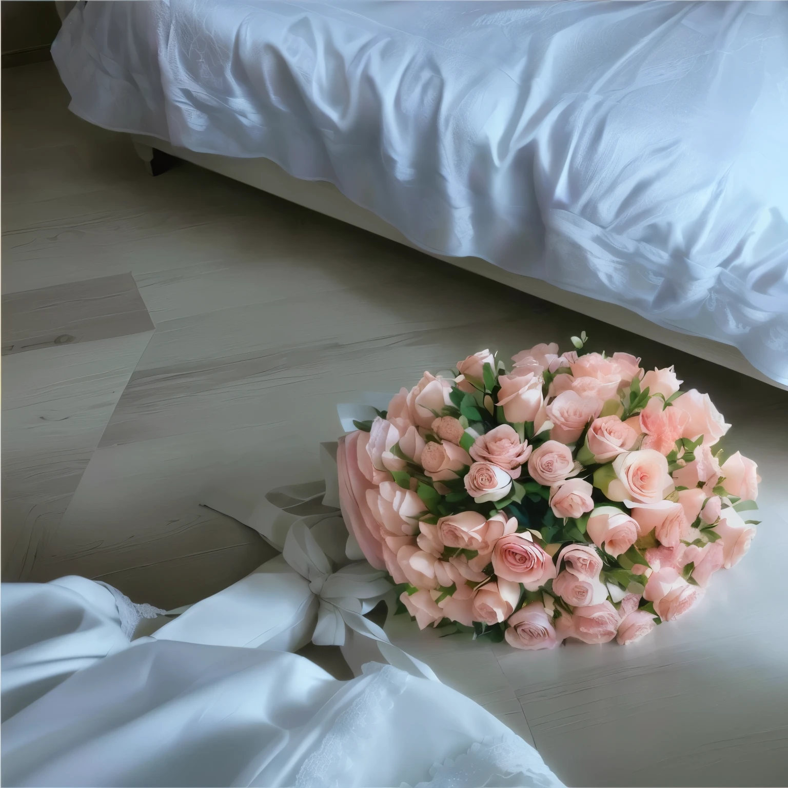there is a bouquet of pink roses sitting on the floor next to a bed, клумба with flowers на полу, laying on roses, roses, with flowers, 🎀 🧟 🍓 🧚, blondes, 🎀 🗡 🍓 🧚, pastel roses, roses in hands, pink flowers, with soft pink tones, 🎀 🍓 🧚, Beautiful image, in the bedroom