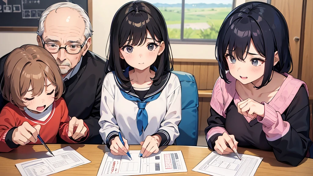 Family of 6,37-year-old male,Female, 34 years old,7-year-old elementary school student,3 year old kindergartener,75-year-old male,Female, 75 years old,Draw the eyes carefully,Carefully draw your hands