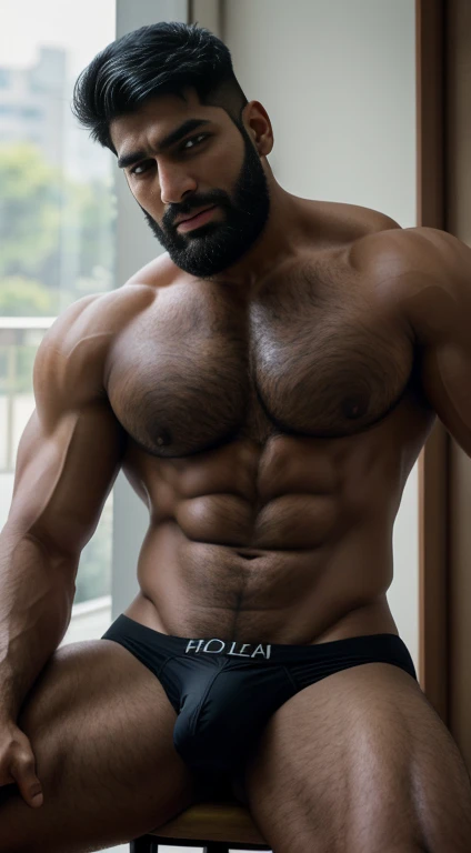 An award-winning original photo, Pain is raging on the face, screaming with pain  and making aggressive face expressions with eyes closed, the head is tilted back  A wild handsome muscular indian man, (thick big beared 25 years old:1.3), 1boy, Solo, (), (tight underwear), sitting on chair in luxury office, from Front view, black hair, (big shoulders), musculature, stubbles, beard, earstuds, Beautiful eyes:1.3, ), (Detailed face:1.3), dimples, (holded penis), Dynamic front Angle view, volumetric lighting, (Best quality, A high resolution, Photorealistic), Cinematic lighting, Masterpiece, RAW photo, Intricate details, hdr, depth of field, upper body, His perfect huge bulge,masterpieces 
