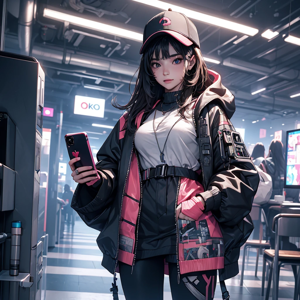 ((Beautiful girl holding a mobile phone in her hand)) 4K  8K:: Realistic::4. Cyberpunk::1 --v 4 --Quality 2  