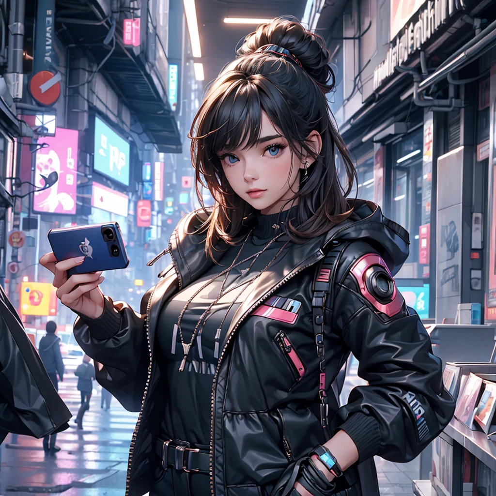((Beautiful girl holding a mobile phone in her hand)) 4K 8K:: Realistic::4. Cyberpunk::1 --v 4 --Quality 2