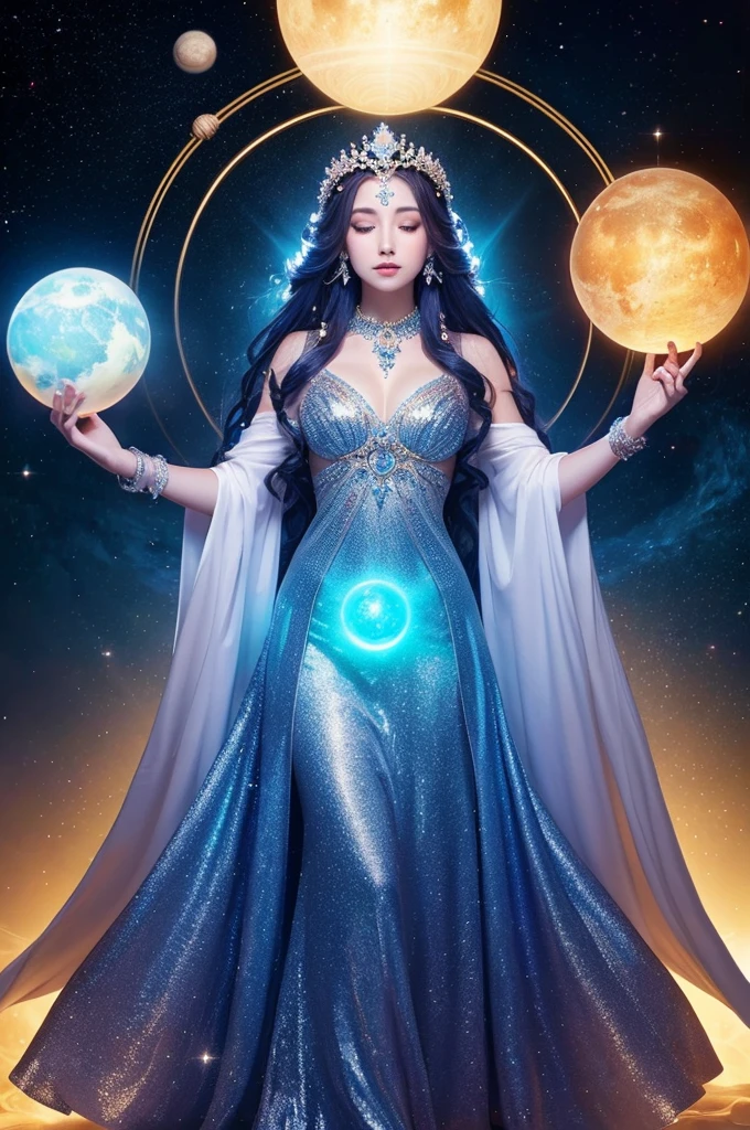 A beautiful goddess representing cosmic harmony stands gracefully. She has long flowing hair, wearing an elegant gown that shimmers with shades of blue and silver, reflecting the cosmos. The goddess is surrounded by a serene, starry background with planets and galaxies subtly visible. Her presence exudes tranquility and peace, embodying the essence of the 432Hz frequency. She holds a glowing orb that emits a soft, calming light, symbolizing universal harmony.