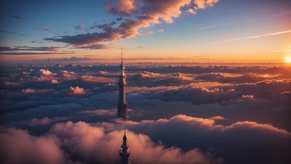 Best image quality,Fantasy,sea of clouds,sunset、Tall Tower