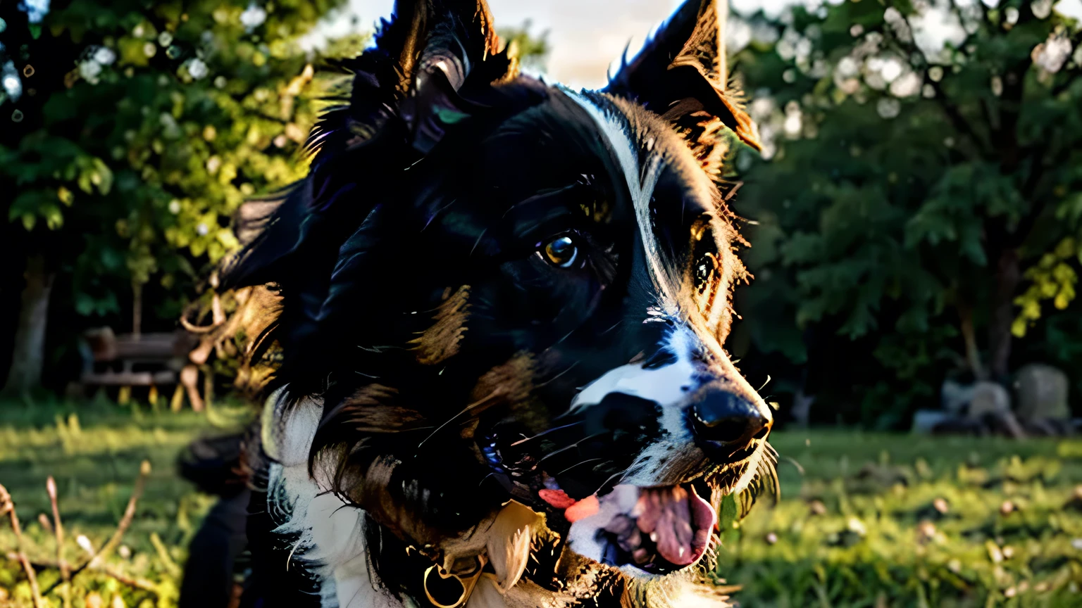 a detailed border collie dog, incredibly realistic, photorealistic, high resolution, 8K, award winning, detailed fur texture, beautiful eyes, detailed nose and mouth, muscular body, alert pose, outdoor natural lighting, lush green meadow background, golden hour lighting, vibrant colors