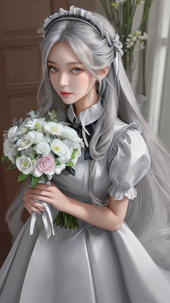 Silver long hair Beautiful face like an actress Maid fashion with bouquet