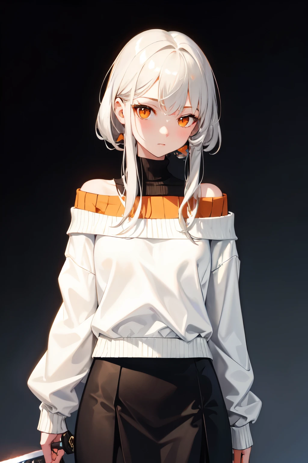 ((Highest quality)), ((masterpiece)), (detailed), One girl, Off-the-shoulder sweater, Silver Hair,((Orange eyes)),sword on waist,Expressionless,Black Skirt,Sunburned skin