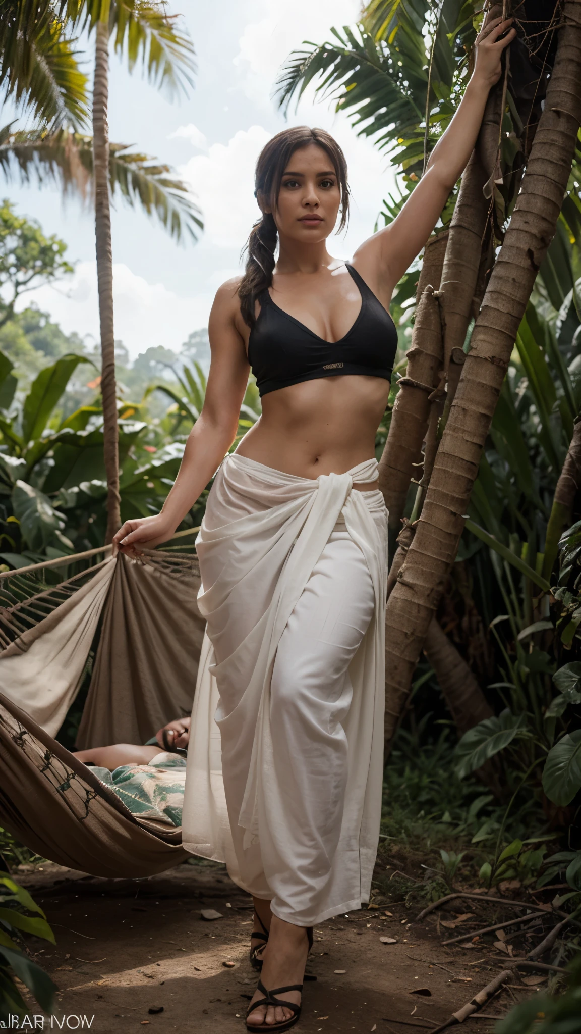 Lara croft from rise of the tomb raider laying on the hammock deep in the jungle wearning sexy saree. Full body view and whole body covered