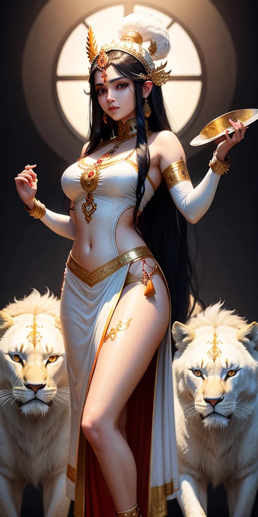 Sexy hindu female gods white outfit long black hair holding trishul nearly lion beautiful face full HD 