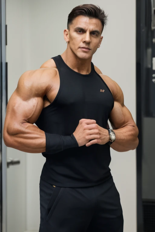 A muscular man bodybuilder Hoseok with a strong elegant suit of black hair with some blond highlights in the gym aged 45