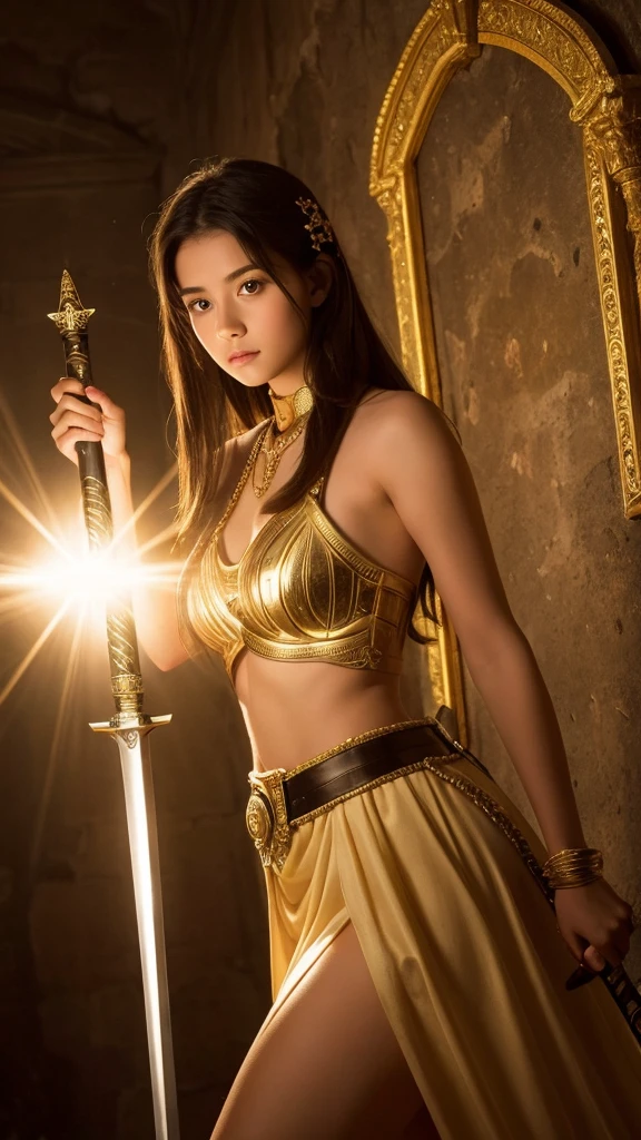 young woman God Holding a sword Shining a light