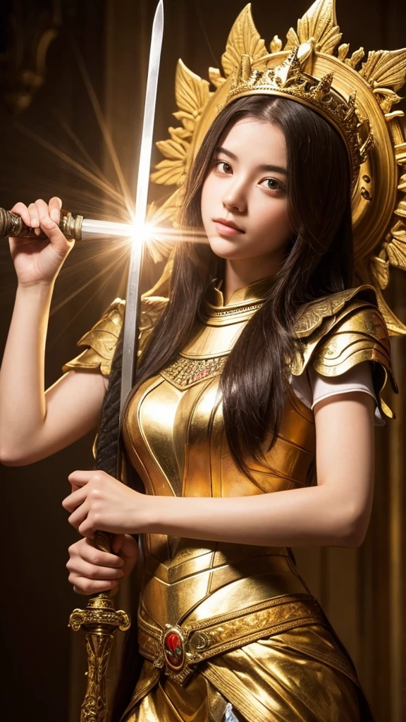 young woman　God　Holding a sword　Shining a light