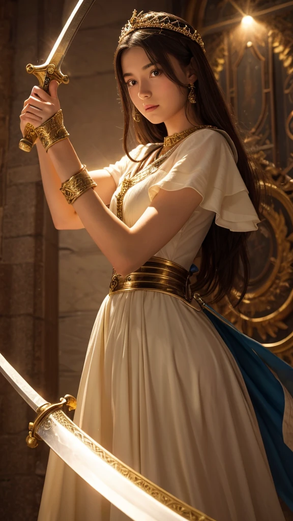 young woman God Holding a sword Shining a light