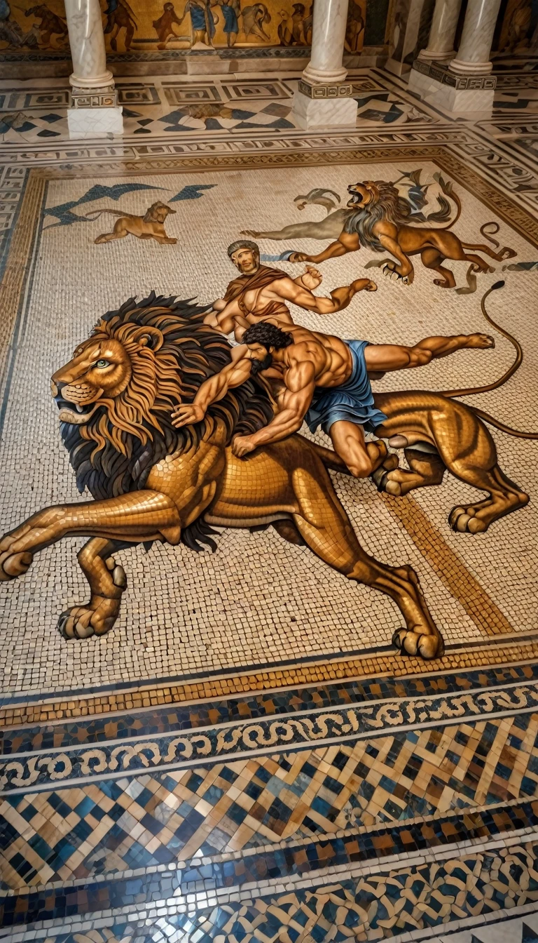 a mosaic floor depicting Heracles fighting a Nemean lion, highly detailed, photorealistic, 8k, dramatic lighting, dynamic composition, intricate details, classical Greek art style, masterpiece, epic battle scene, ornate mosaic pattern, grandiose architecture in background, marble tiles, ancient Greek columns