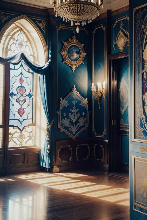 Luxurious room Everything around is richly decorated, Tapestries of blue and white colors hang on the walls,  In the center is the coat of arms from a unicorn, rearing up. There are stained-glass windows on the windows and beautiful images. A solemn and majestic atmosphere, luxury, wealth, grandeur, power