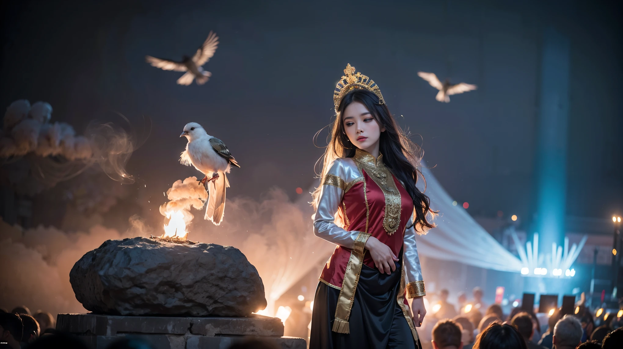 Atmospheric and open scene, Ancient Sacrificial Images, Filled with smoke, Birds in human clothes dance, Sunday Worship, (Detailed costume details, Detailed clothing light sense), Faintly Appearing, The bird's feathers are reproduced in minute detail, A complex and complicated picture, (Full of strange and mysterious photos), The background is cloudy, The photo is real, 8k,