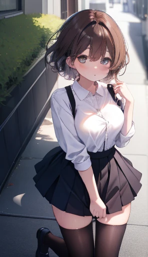 One Girl、positive、From above、Full body portrait、Brown haired、Medium Haircut、blush、Absolute area、Knee socks、stockings、Black knee-high socks、White underwear、Cleavage、Light blue cut shirt、Unbutton your shirt、Shirt buttons fly off、Navy blue checkered pleated skirt、Very short skirt、garden、Daytime、（Very large breasts）、((Lesbians all over the world))、masterpiece、（Highest quality)、Panties around the ankles、loafers、The wind blows up my skirt、Knee socksのバイブレーター