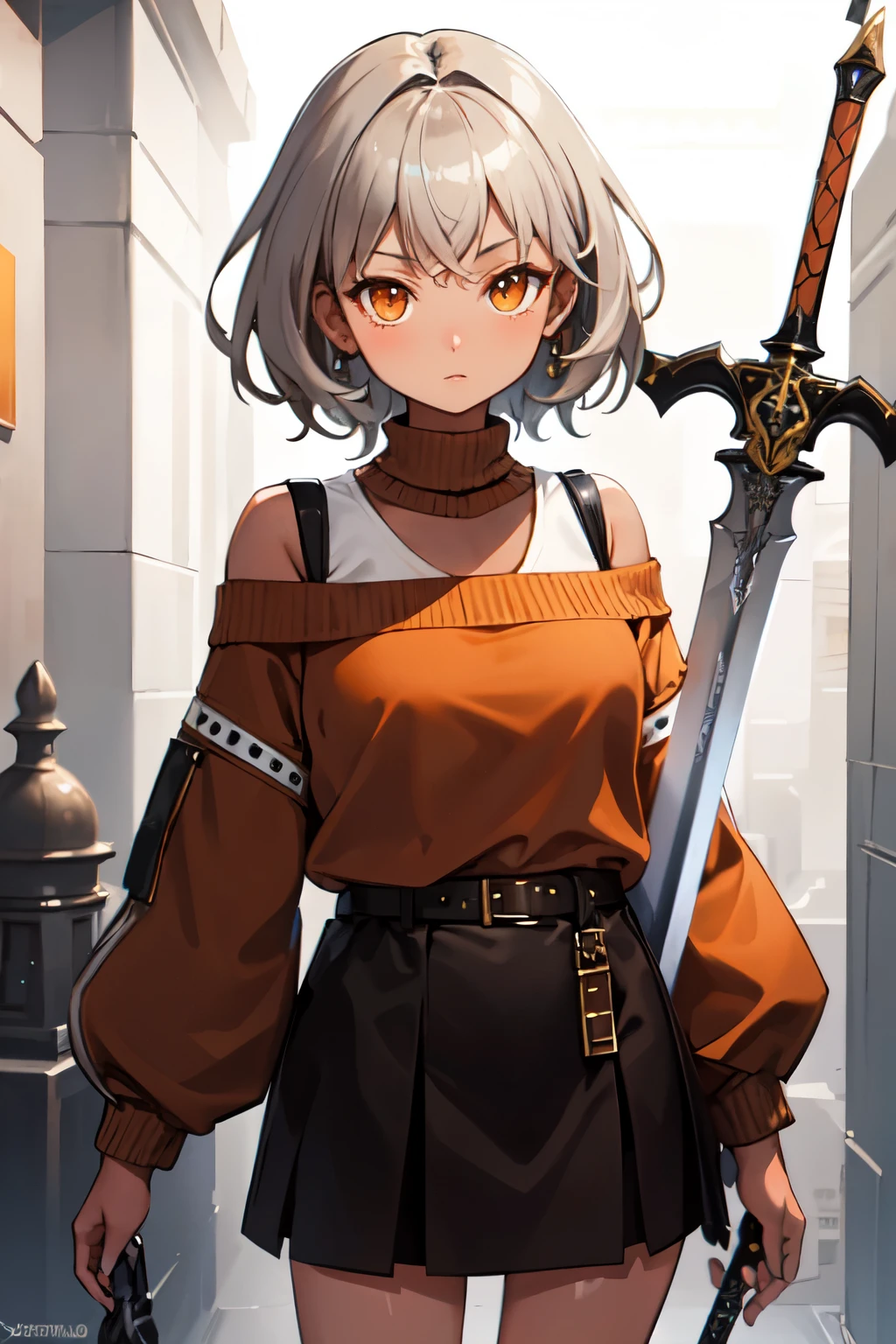 ((Highest quality)), ((masterpiece)), (detailed), One girl, Off-the-shoulder sweater, Silver Hair,((Orange eyes)),sword on waist,Expressionless,Black Skirt,((Brown skin:1.6))