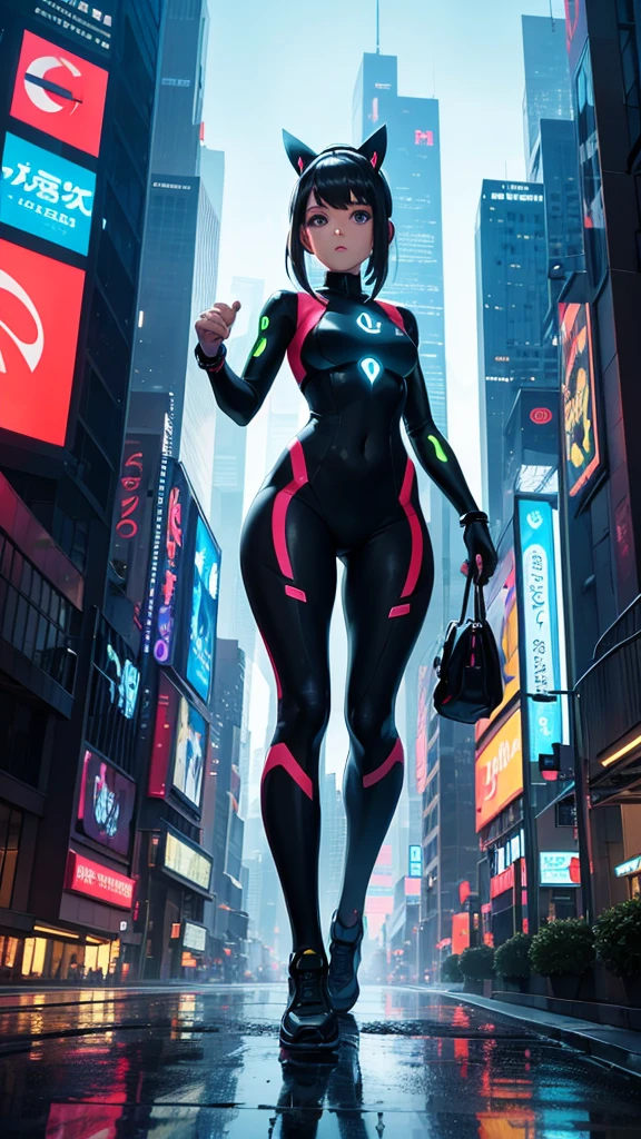 Best Quality,ultra detailed,photorealistic,portrait,female,Pokémon Trainer,futuristic city,detailed background,Detailed buildings,vivid colors,lush vegetation,straight black hair,blue eyes,fellow frokie,water type pokemon,blue skin,fines,body suit,advanced technology,Flying cars,floating platforms,glass skyscraper,Neon lights,reflection in the water,shadows and lights,night scene,urban landscape,streets full of people,pokemon battles in the background,electric sparks,energy rays,Reflections on glass surfaces.,Action-packed environment