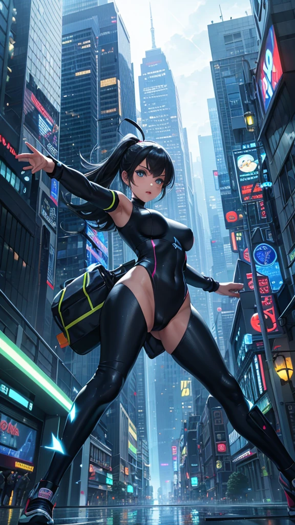 Best Quality,ultra detailed,photorealistic,portrait,female,Pokémon Trainer,futuristic city,detailed background,Detailed buildings,vivid colors,lush vegetation,straight black hair,blue eyes,fellow frokie,water type pokemon,blue skin,fines,body suit,advanced technology,Flying cars,floating platforms,glass skyscraper,Neon lights,reflection in the water,shadows and lights,night scene,urban landscape,streets full of people,pokemon battles in the background,electric sparks,energy rays,Reflections on glass surfaces.,Action-packed environment