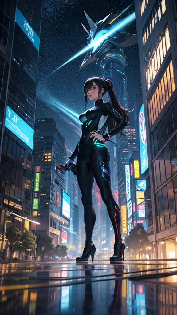 Best Quality,ultra detailed,photorealistic,portrait,female,Pokémon Trainer,futuristic city,detailed background,Detailed buildings,vivid colors,lush vegetation,straight black hair,blue eyes,fellow frokie,water type pokemon,blue skin,fines,body suit,advanced technology,Flying cars,floating platforms,glass skyscraper,Neon lights,reflection in the water,shadows and lights,night scene,urban landscape,streets full of people,pokemon battles in the background,electric sparks,energy rays,Reflections on glass surfaces.,Action-packed environment