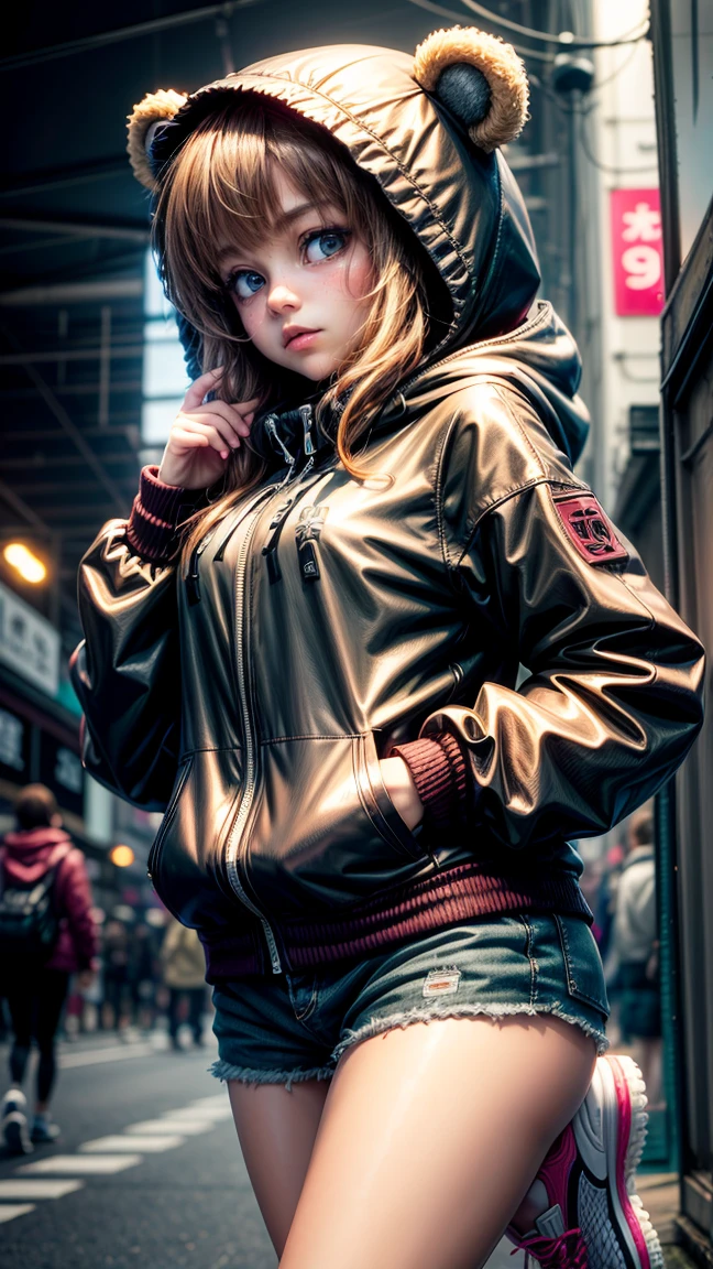 beautiful, ager, girl,anime style, Draft -- automatic ,Jacket with hood,cute bear ear hoodie,brown fine hair,Pose,shorts,Thick sole sneakers,ถนนharajuku japan