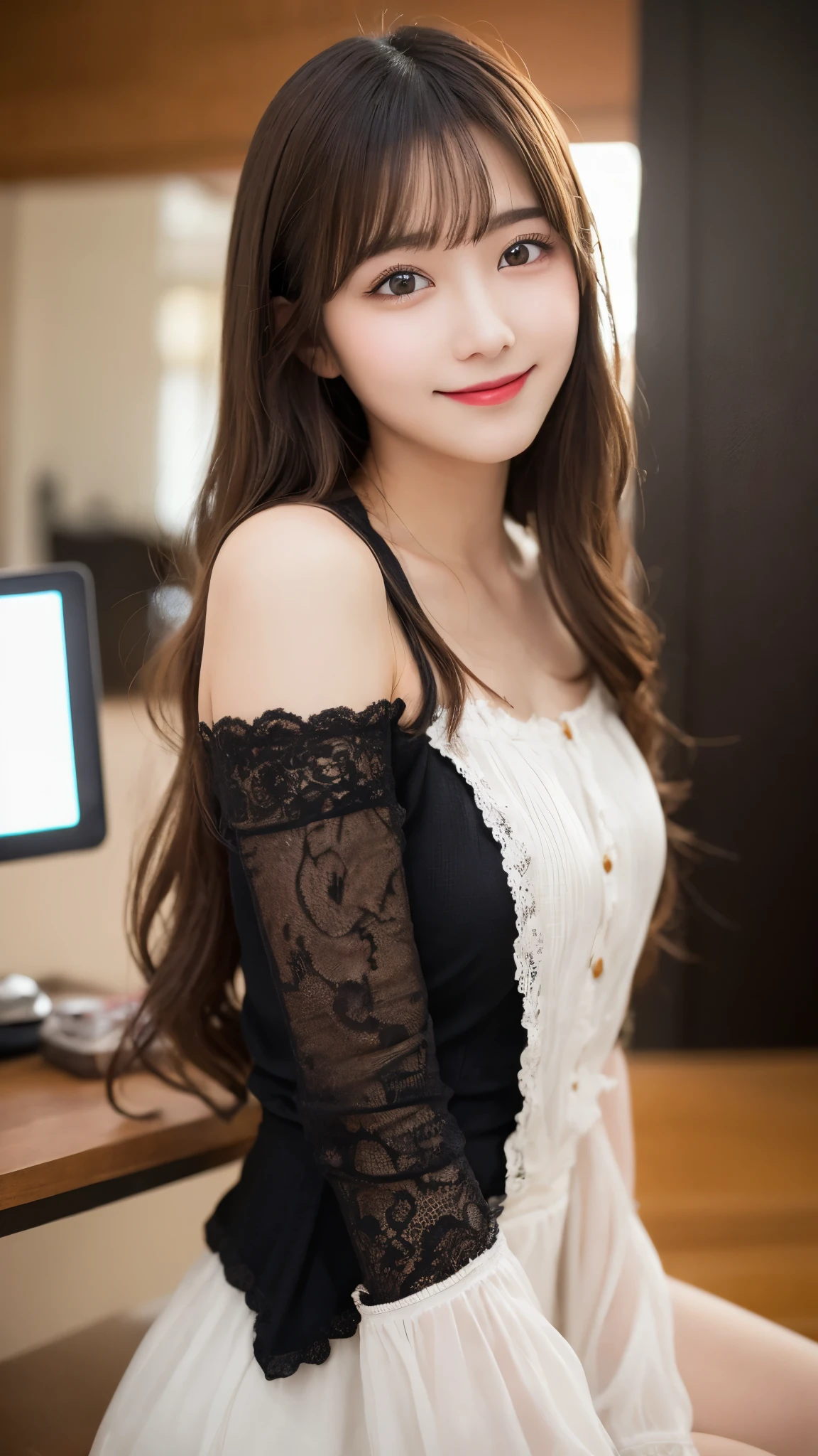 Tabletop, Highest quality, shape, Very detailed, finely, High resolution, 8k wallpaper, 完璧なダイナミックな構shape, Beautiful and exquisite,Natural color lip,smile、20-year-old girl、cute、Looking into the camera,Perfect and beautiful face,Slim face and figure,Big eyes、Putting on gal makeup,Small face、Blurred Background,Elegant feminine face、smile、Actual Photos、Adult ta Fashion,Normal anatomy