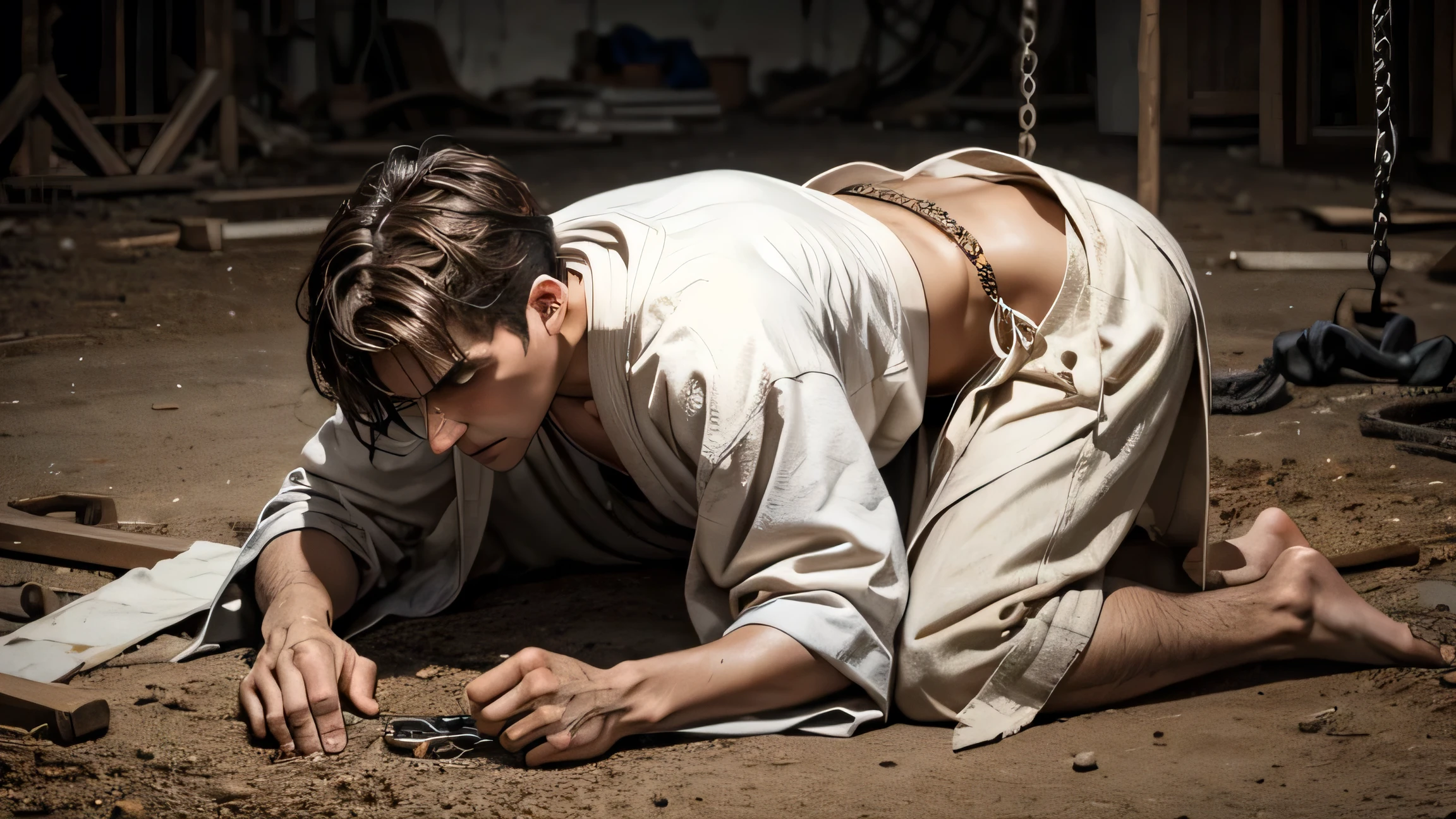 A male prisoner，Brown eyes，Brown short hair，Wearing shackles，Torn dirty white robe，Kneeling on the ground