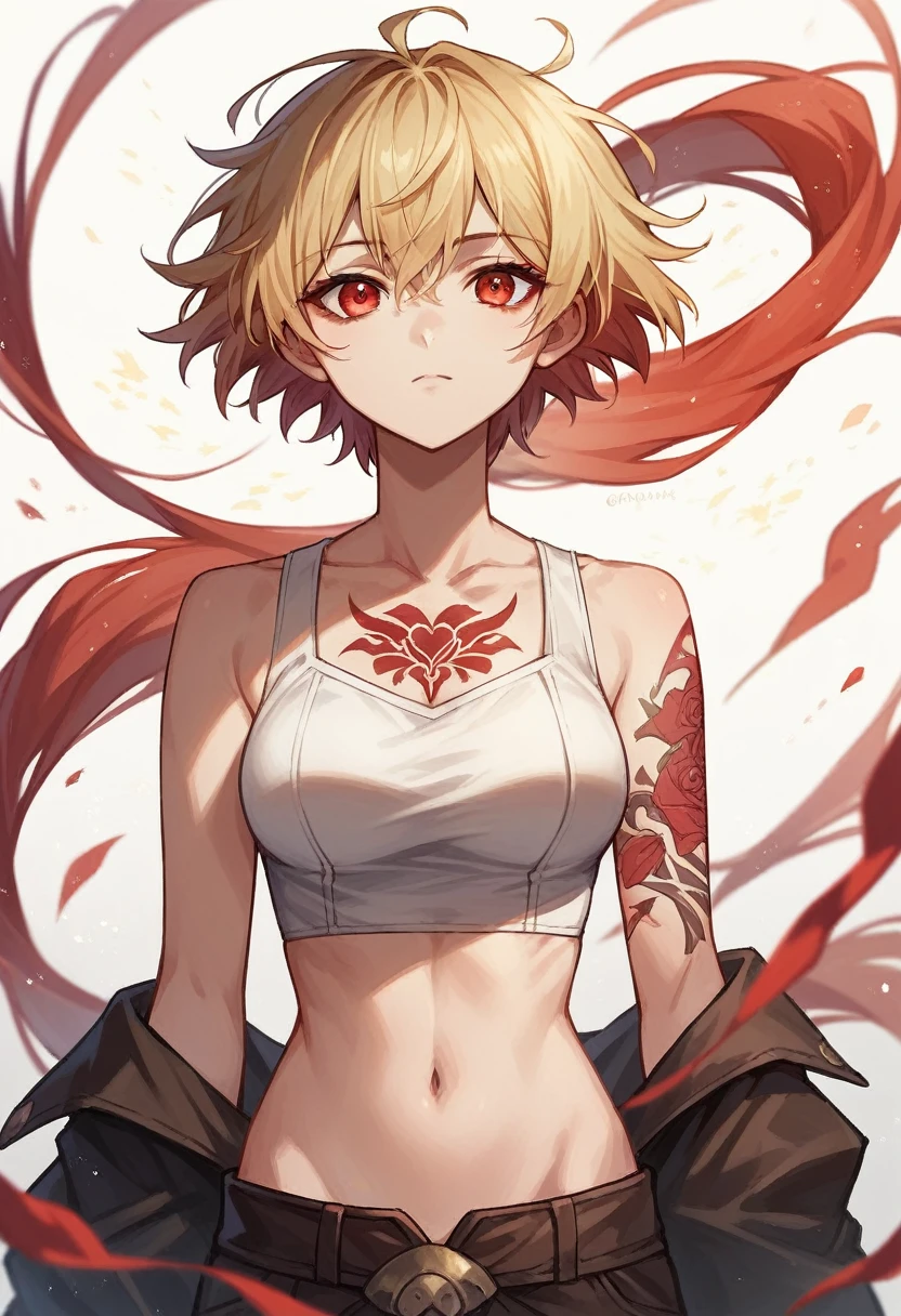 1 girl, Gilgamesh \(Destiny\), gender swap, looking ahead at viewer, Eyes red, ufotable style, light particles, trunk, floating hair, work of art, best qualityer,red tattoo, へそ, tummy, that's why, black sleeves, blue sky, schoolyard