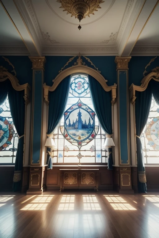 Luxurious room Everything around is richly decorated, Tapestries of blue and white colors hang on the walls, In the center is the coat of arms from a unicorn, rearing up. There are stained-glass windows on the windows and beautiful images. A solemn and majestic atmosphere, luxury, wealth, grandeur, power