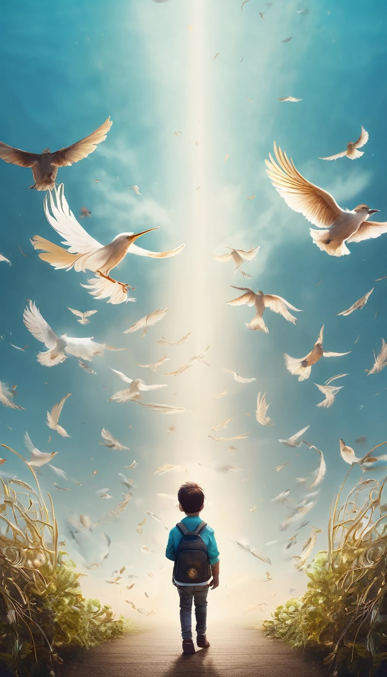 Create a professional, fantastic, cinematic dream-like Youtube Banner for a brand about music, stories, fantasy and dreams called " Penamemoria". Masterpiece, 4k, sharp focus, highest quality,wide shot. The title is " Penamemoria". Is a brand about the creative, unique journey of a boy into becoming a musician storyteller. In his journey he finds inspiration in a world of birds and feathers. Minimalistic, simple, poetic, dreamy logotype at the center of the image. The Background image is a world full of fantastic feathers, unique birds, light blue sky, soft white and light golden. Logo design of a face of a boy and a face of a feather